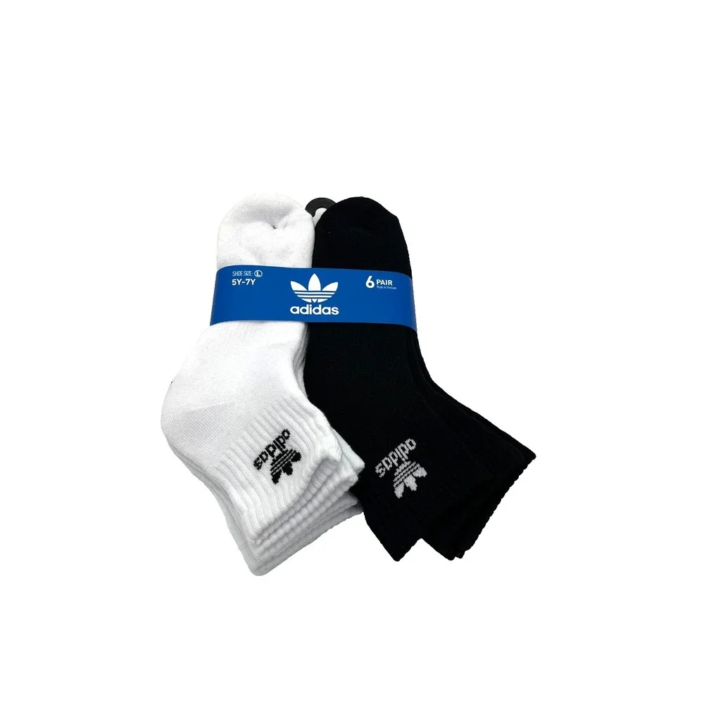 Adidas‎ Youth Quarter Ankle Socks Black & White Pack of 6 Size 5Y-7Y L EV6421B